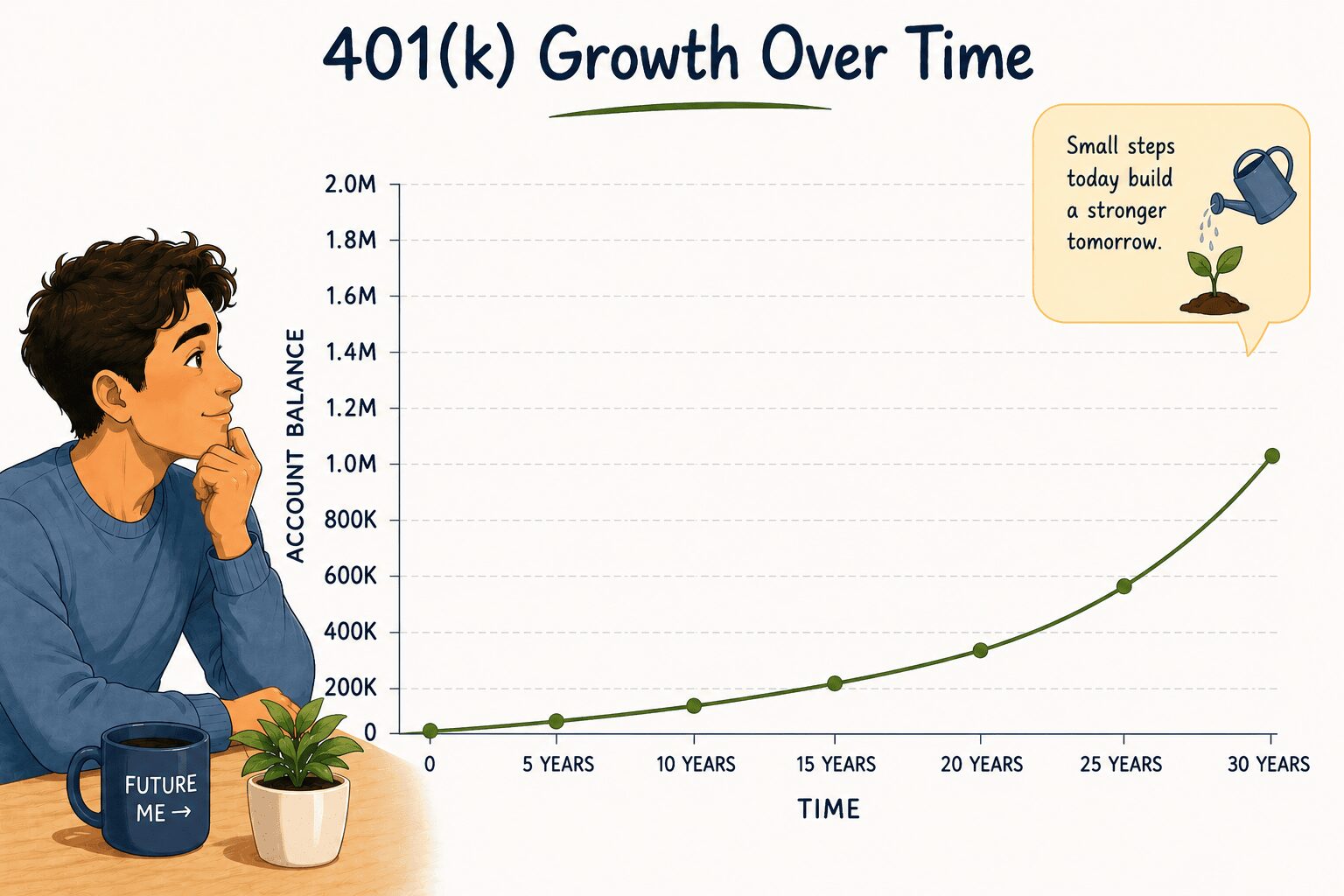 401k growth over time — illustrated person thoughtfully looking at a compound interest curve chart showing account balance growing from zero to over one million dollars across 30 years, with a future me coffee mug and small steps today build a stronger tomorrow callout — Mrs. Money Sidekick