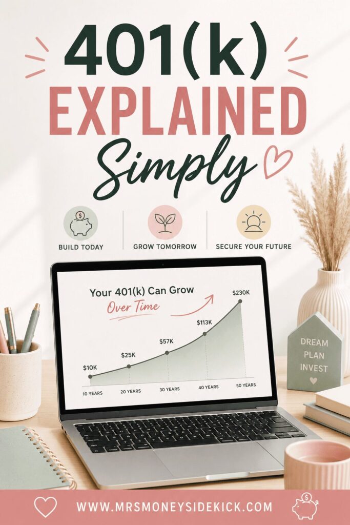 401k explained simply — laptop displaying a 401k growth chart showing balances from $10K at 10 years to $230K at 50 years, with icons for build today, grow tomorrow, and secure your future — Mrs. Money Sidekick