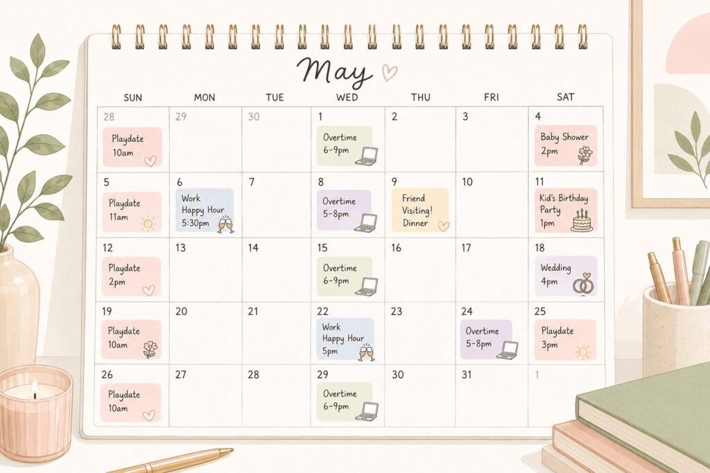 calendar showing a lot of overtime, kids playdate, birthdays, weddings, etc.