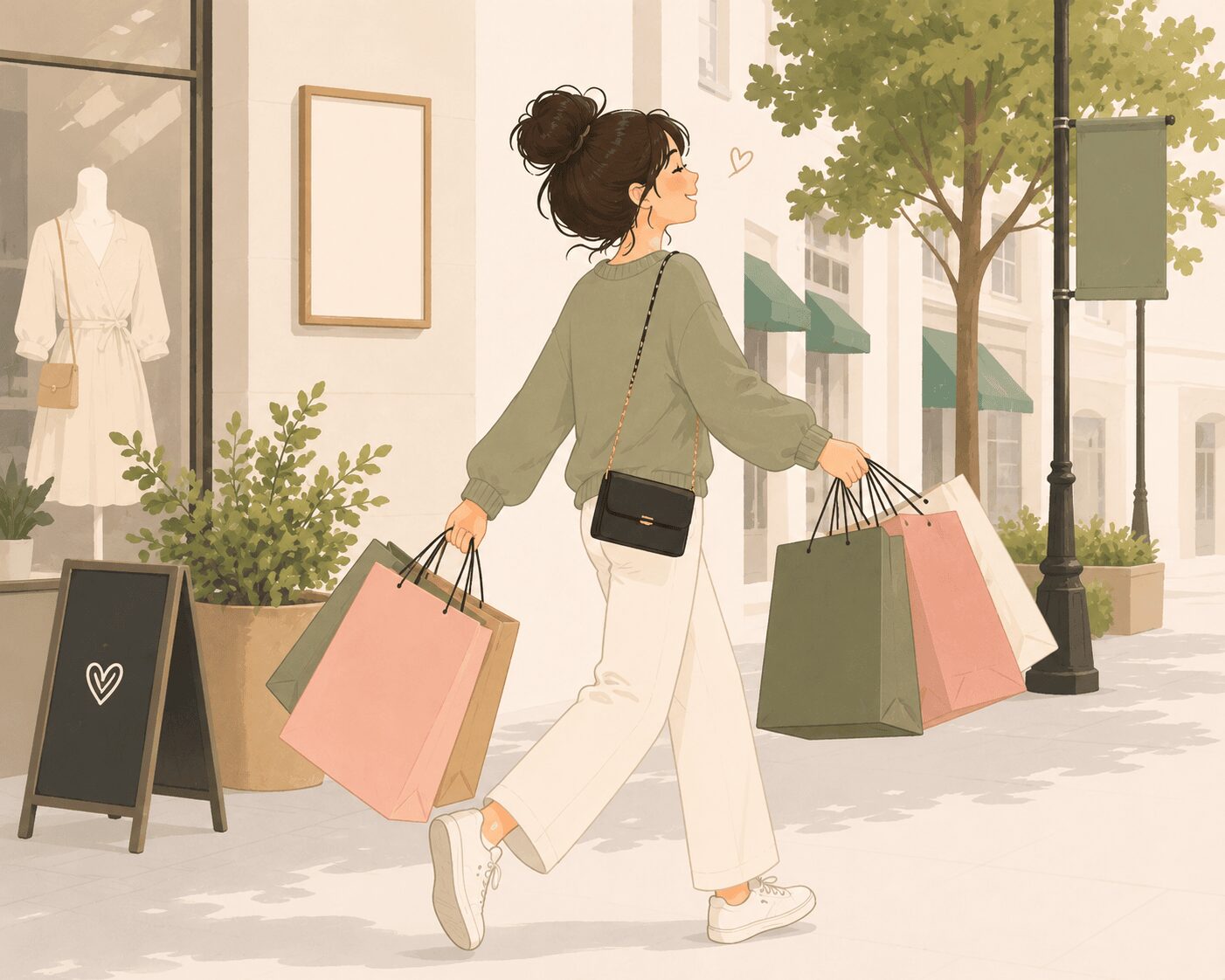 The real cost of looking successful — illustrated woman carrying multiple shopping bags past boutique storefronts on a city street representing lifestyle spending and the pressure to keep up appearances — Mrs. Money Sidekick