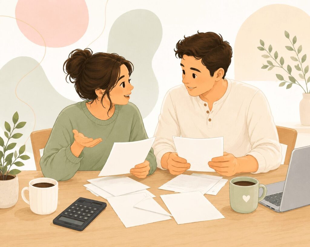 Couple reviewing financial paperwork together — illustrated man and woman sitting at a table with documents, a calculator, coffee mugs, and a laptop discussing their finances in a warm cozy setting — Mrs. Money Sidekick