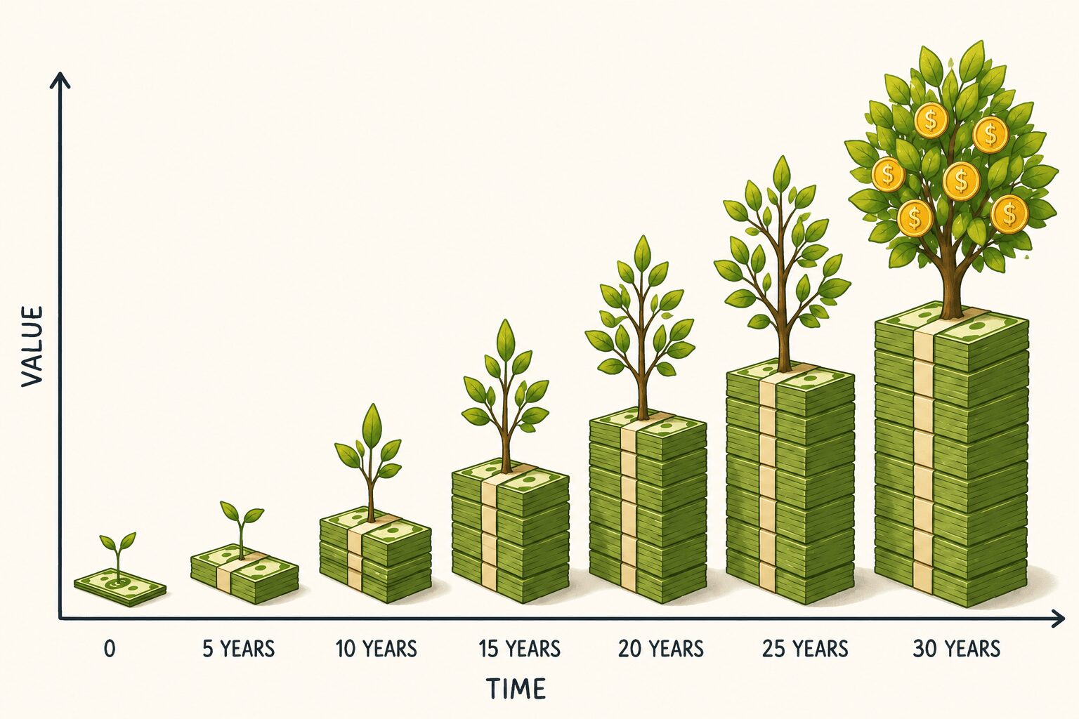 Investment growth — bar chart illustration showing stacks of cash growing alongside increasingly larger money trees from zero to 30 years representing long-term stock investment value — Mrs. Money Sidekick
