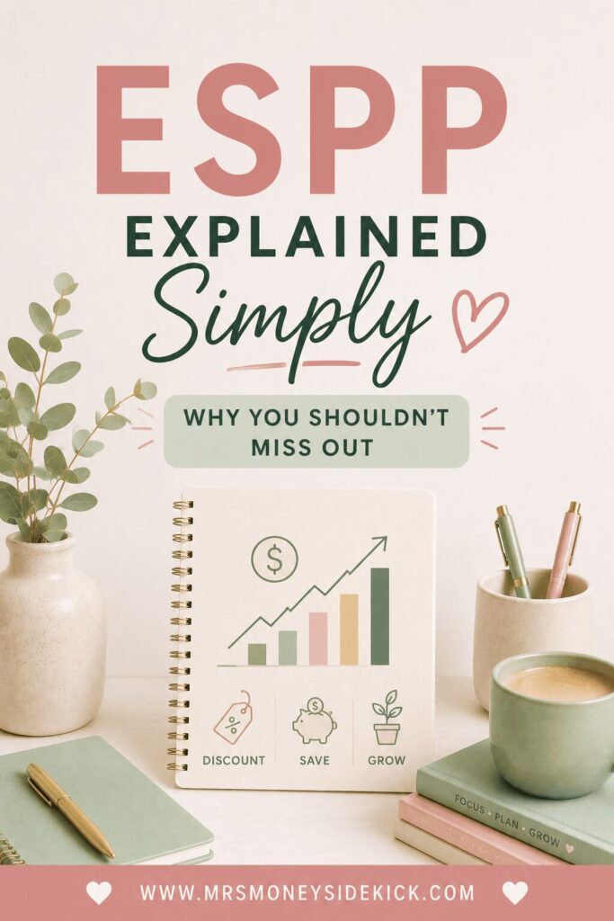 ESPP explained simply — spiral notebook displaying a stock growth chart with icons for discount, save, and grow representing employee stock purchase plan benefits, displayed on a styled desk — Mrs. Money Sidekick