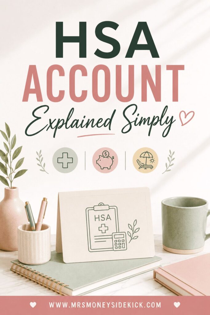 HSA account explained simply — clipboard with HSA medical icon surrounded by three icons representing healthcare, savings, and retirement, displayed on a styled desk — Mrs. Money Sidekick