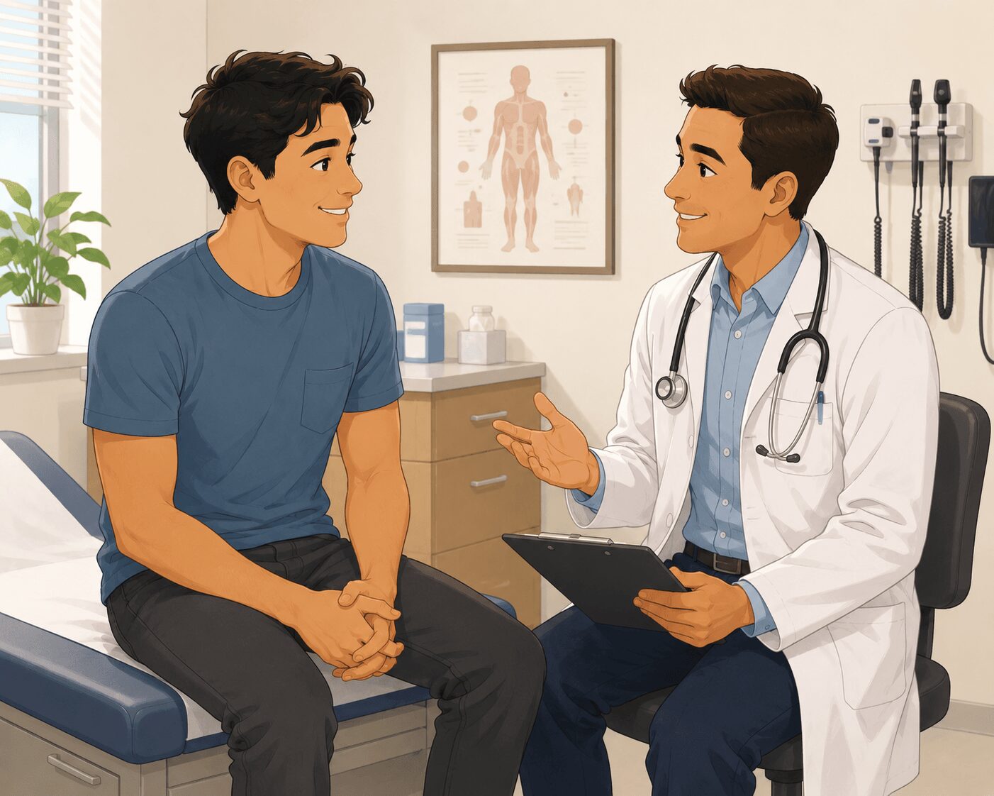 HSA account and healthcare savings — illustrated doctor with a stethoscope and clipboard consulting with a patient in a medical office, representing how an HSA helps cover qualified health expenses — Mrs. Money Sidekick