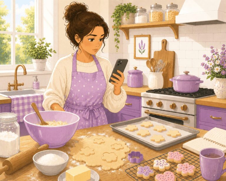 Home bakery business boundaries — illustrated woman in a purple apron checking her phone while rolling out cookie dough in a lavender kitchen with cut out flower cookies on a baking tray — Mrs. Money Sidekick