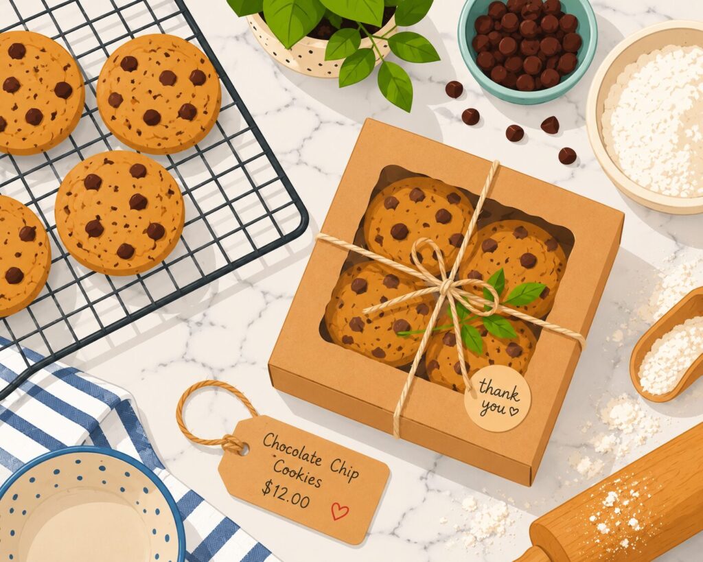 top view of kitchen with cookies on baking tray and in kraft box with other baking ingredients around