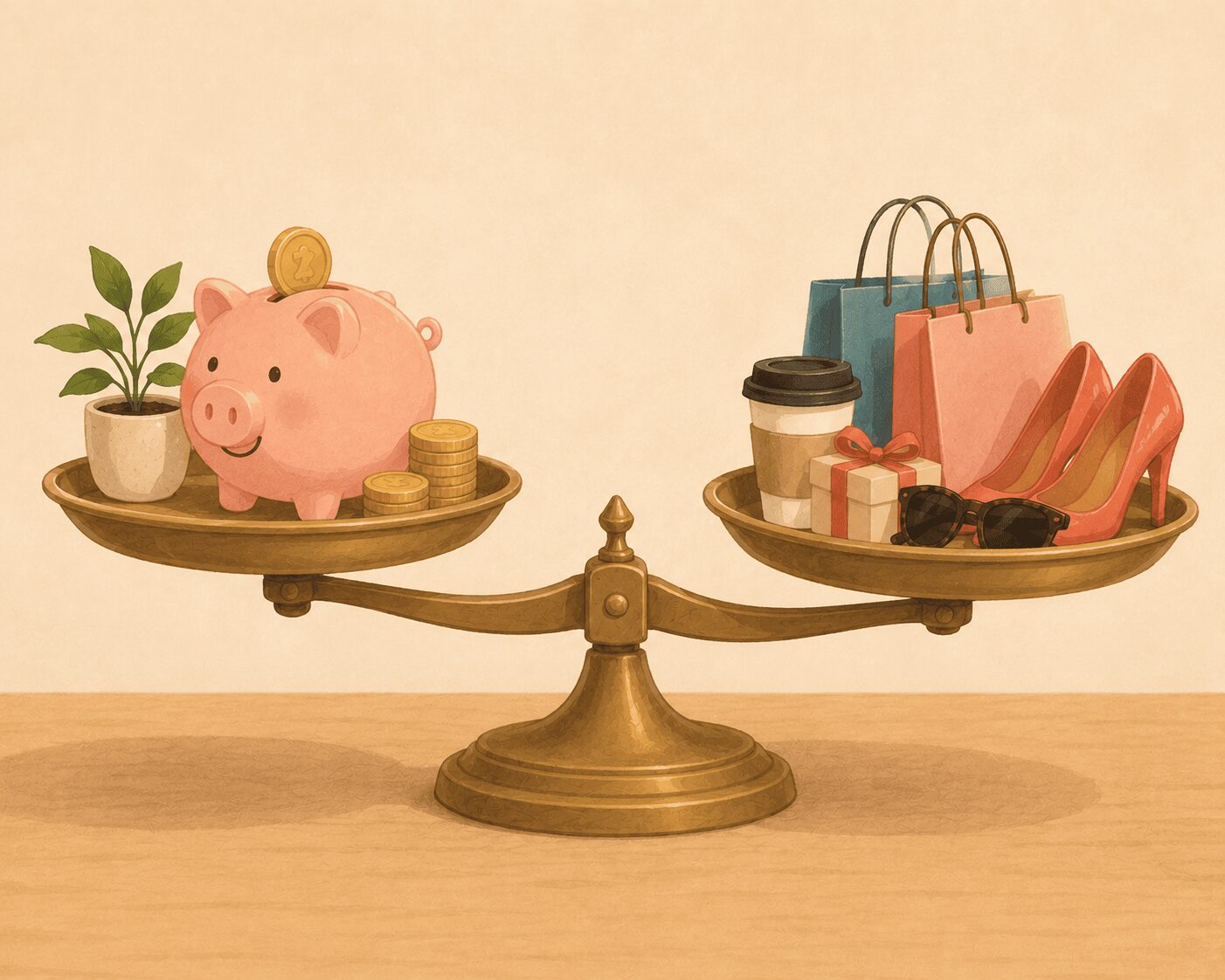 How to balance saving and spending — gold balance scale with a piggy bank and coins on the save side outweighing shopping bags, coffee, shoes, sunglasses, and a gift on the spend side — Mrs. Money Sidekick