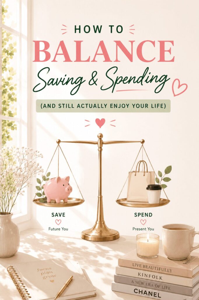How to balance saving and spending and still enjoy your life — gold balance scale with a piggy bank on the save side and shopping bag with coffee on the spend side, labeled future you and present you — Mrs. Money Sidekick