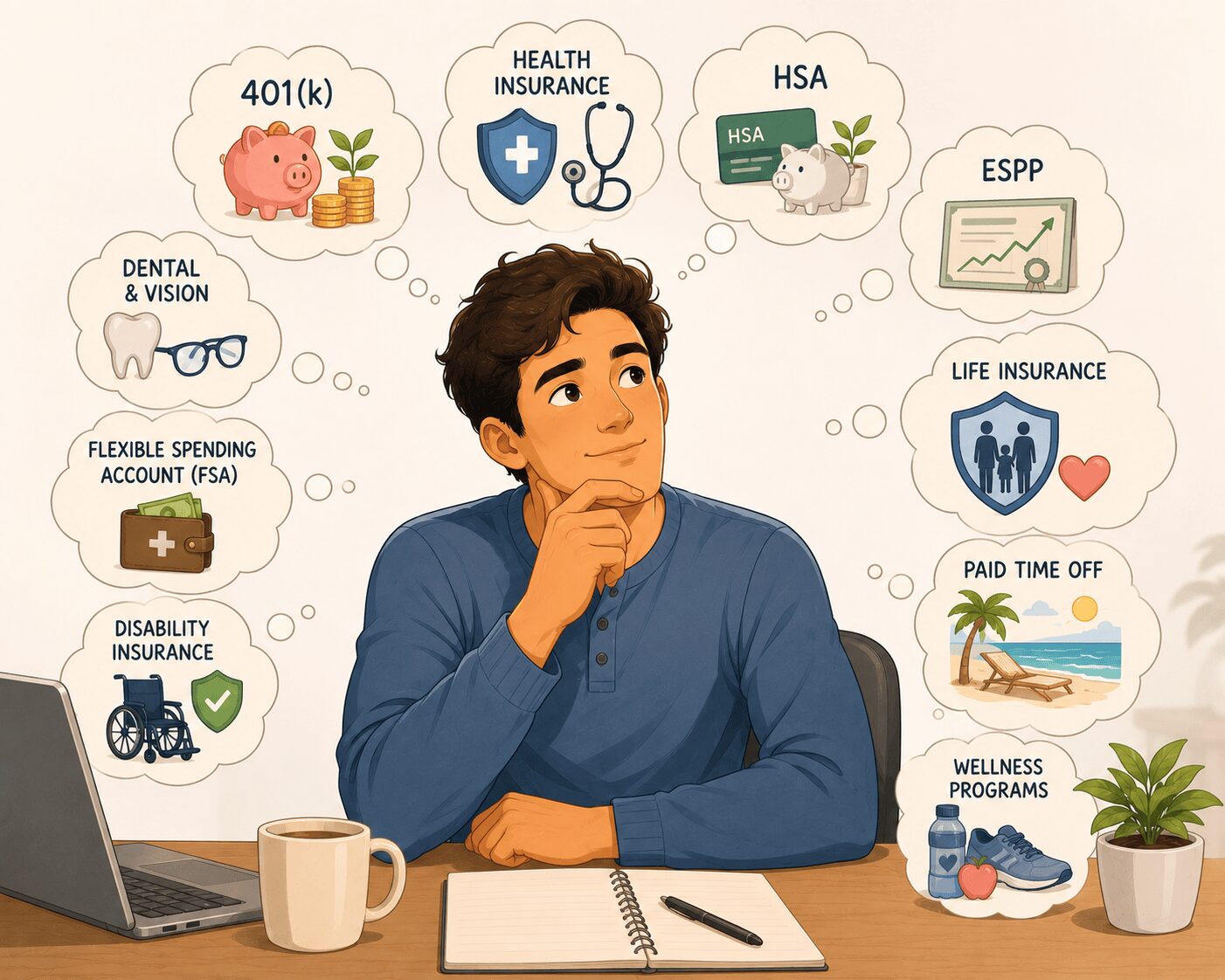 How to maximize employee benefits — illustrated person at a desk with thought bubbles showing 401k, health insurance, HSA, ESPP, dental and vision, FSA, disability insurance, life insurance, paid time off, and wellness programs — Mrs. Money Sidekick