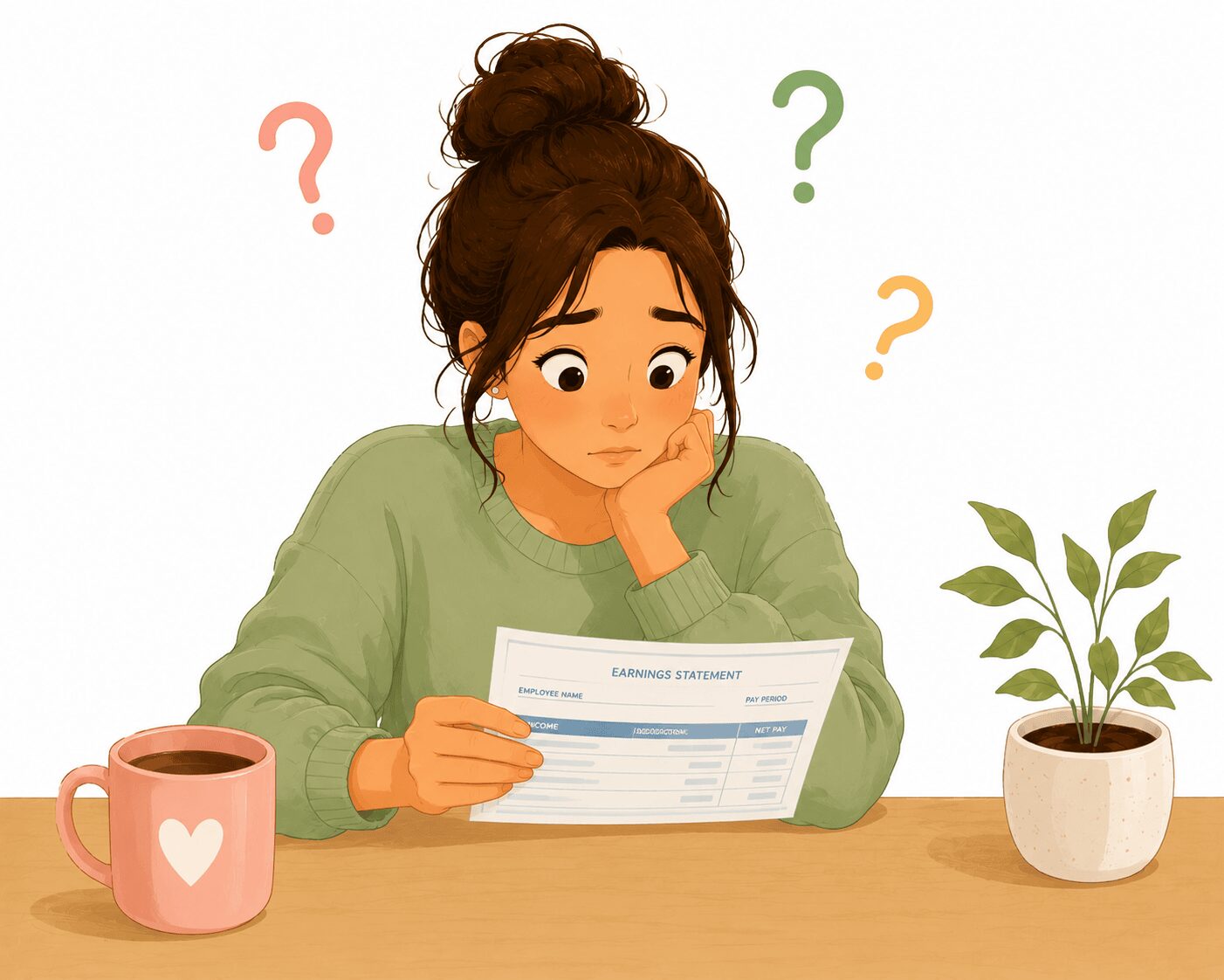 How to read your paystub — illustrated woman in a green sweater looking confused while holding an earnings statement with colorful question marks floating above her head — Mrs. Money Sidekick