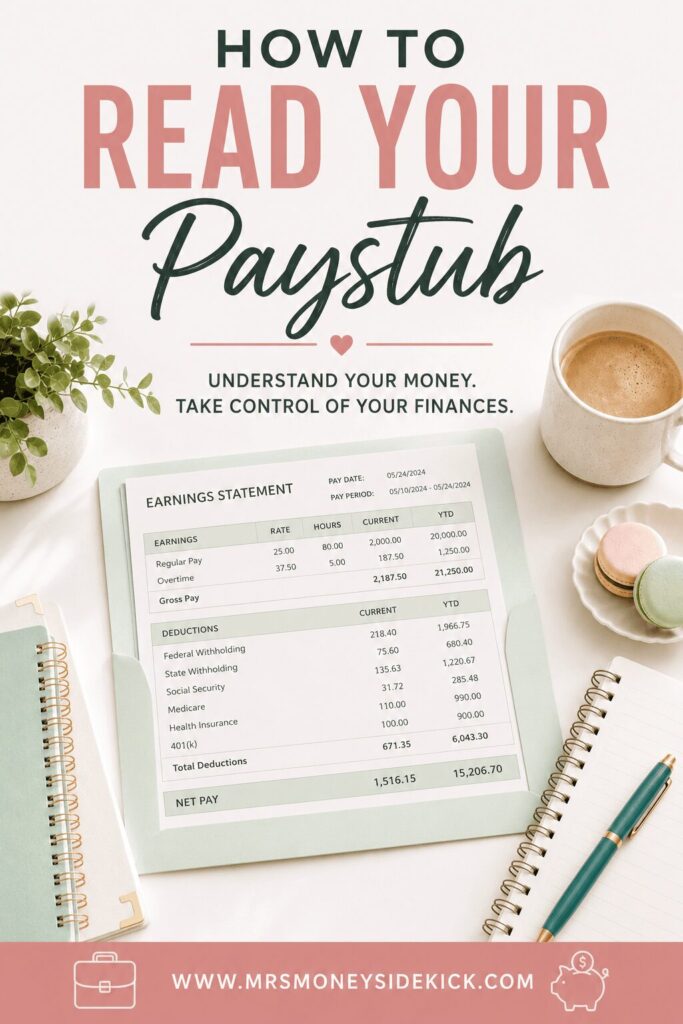 How to read your paystub infographic showing an earnings statement with gross pay, deductions, federal withholding, Social Security, Medicare, 401k, and net pay breakdown — Mrs. Money Sidekick