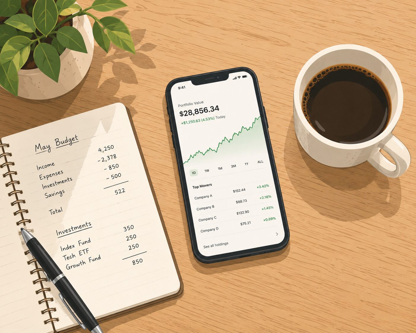 reviewing monthly budget on notebook and looking at investment portfolio on phone with cup of coffee