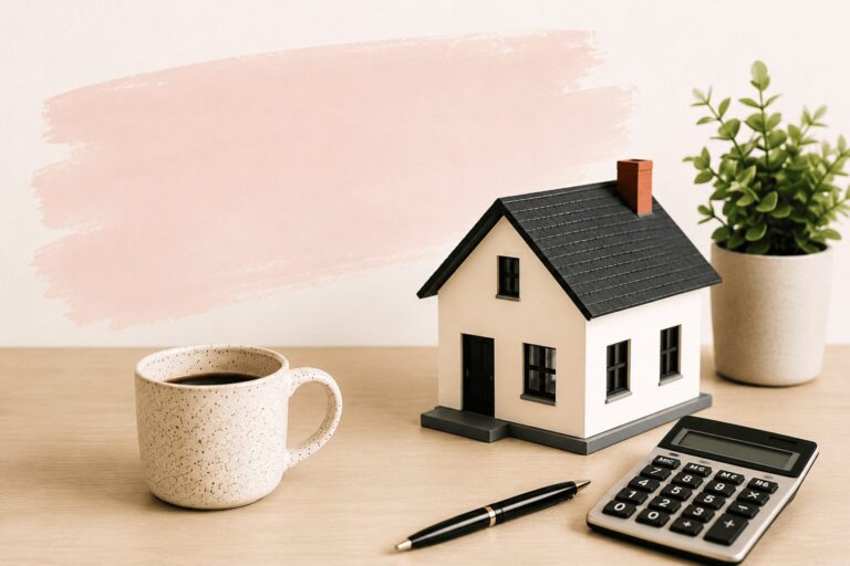 a small model house on a desk beside a calculator, coffee mug, and a pen. The design uses soft blush pink and neutral tones with modern typography.