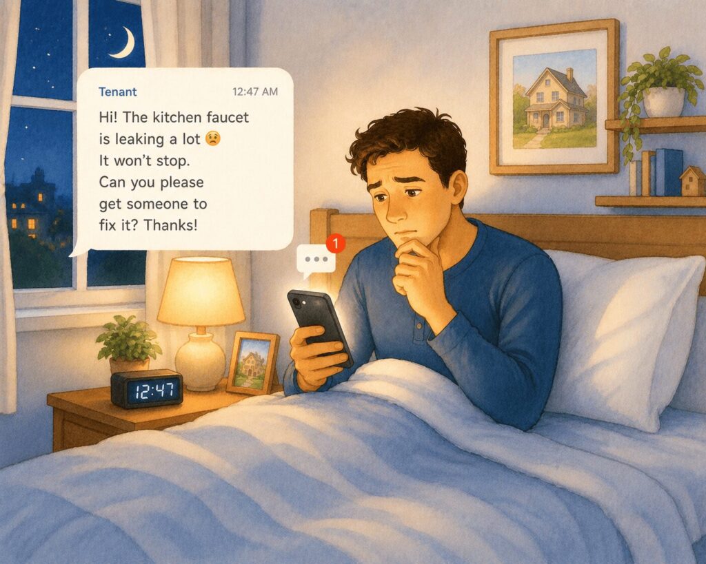 Illustration of a worried landlord sitting up in bed late at night reading a tenant’s text message about a leaking kitchen faucet. Cozy softly lit bedroom scene with moonlight through the window, warm bedside lamp, watercolor-style digital illustration, and calm blue nighttime tones.