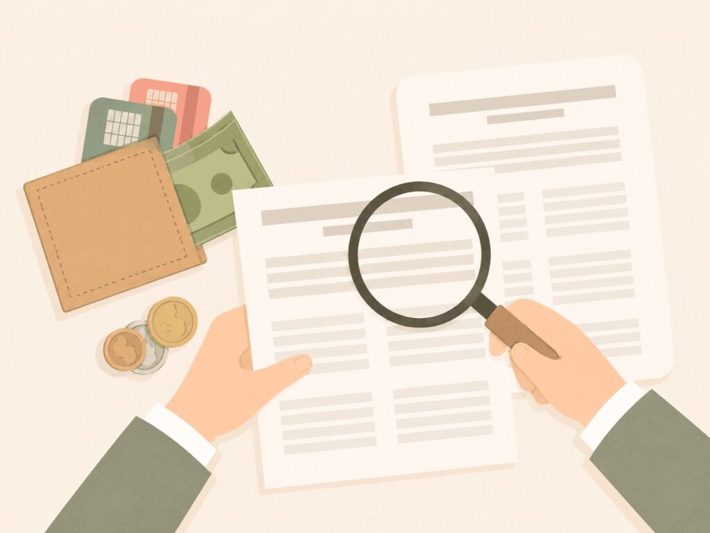 Reviewing financial documents and paperwork — illustrated hands holding a magnifying glass over financial statements next to a wallet, credit cards, cash, and coins — Mrs. Money Sidekick