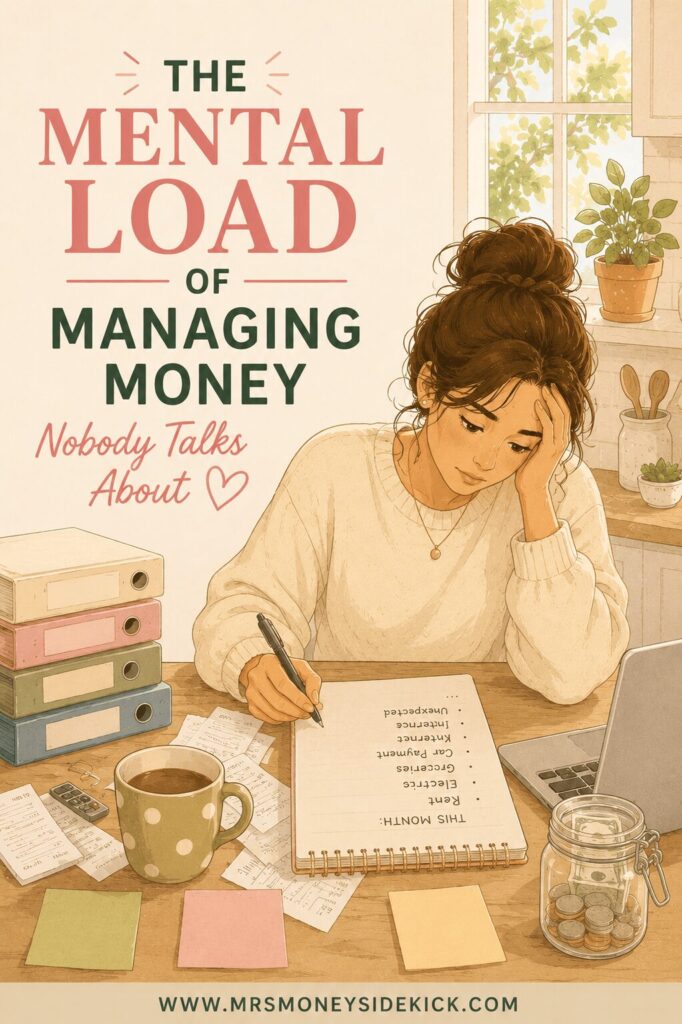 The mental load of managing money nobody talks about — illustrated woman at a desk writing a monthly expense list including rent, electric, groceries, and car payment, surrounded by stacked binders, receipts, a coffee mug, and a jar of coins — Mrs. Money Sidekick