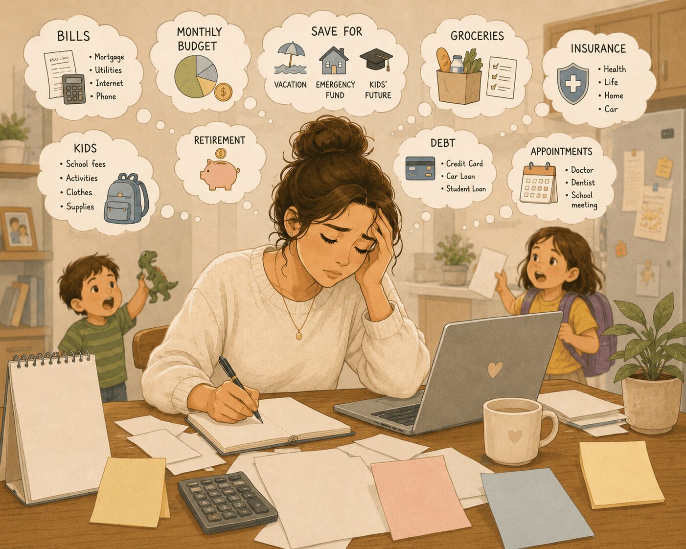 Mental load of managing family finances — illustrated overwhelmed woman at a desk surrounded by two kids with thought bubbles showing bills, monthly budget, savings goals, groceries, insurance, kids expenses, retirement, debt, and appointments — Mrs. Money Sidekick