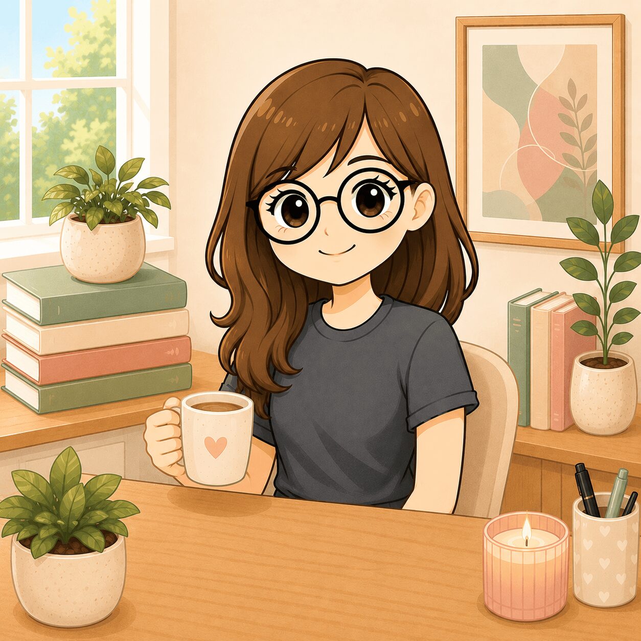girl drinking coffee in office with books and plants and candle