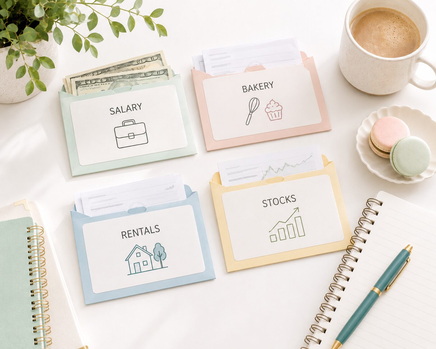 Multiple Income Streams With a Side Hustle, Rentals, and Investing in envelopes on table with coffee and macarons and notebook