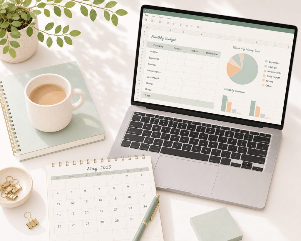 laptop with excel spreadsheet with budget and graph on the table, with calendar, coffee, notebook, and plant