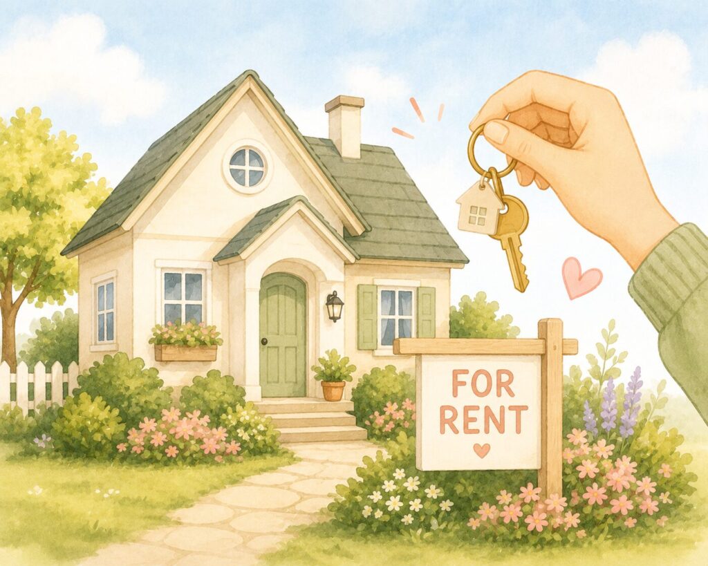 Out of State Rental Properties - keys in front of a house with sign for rent