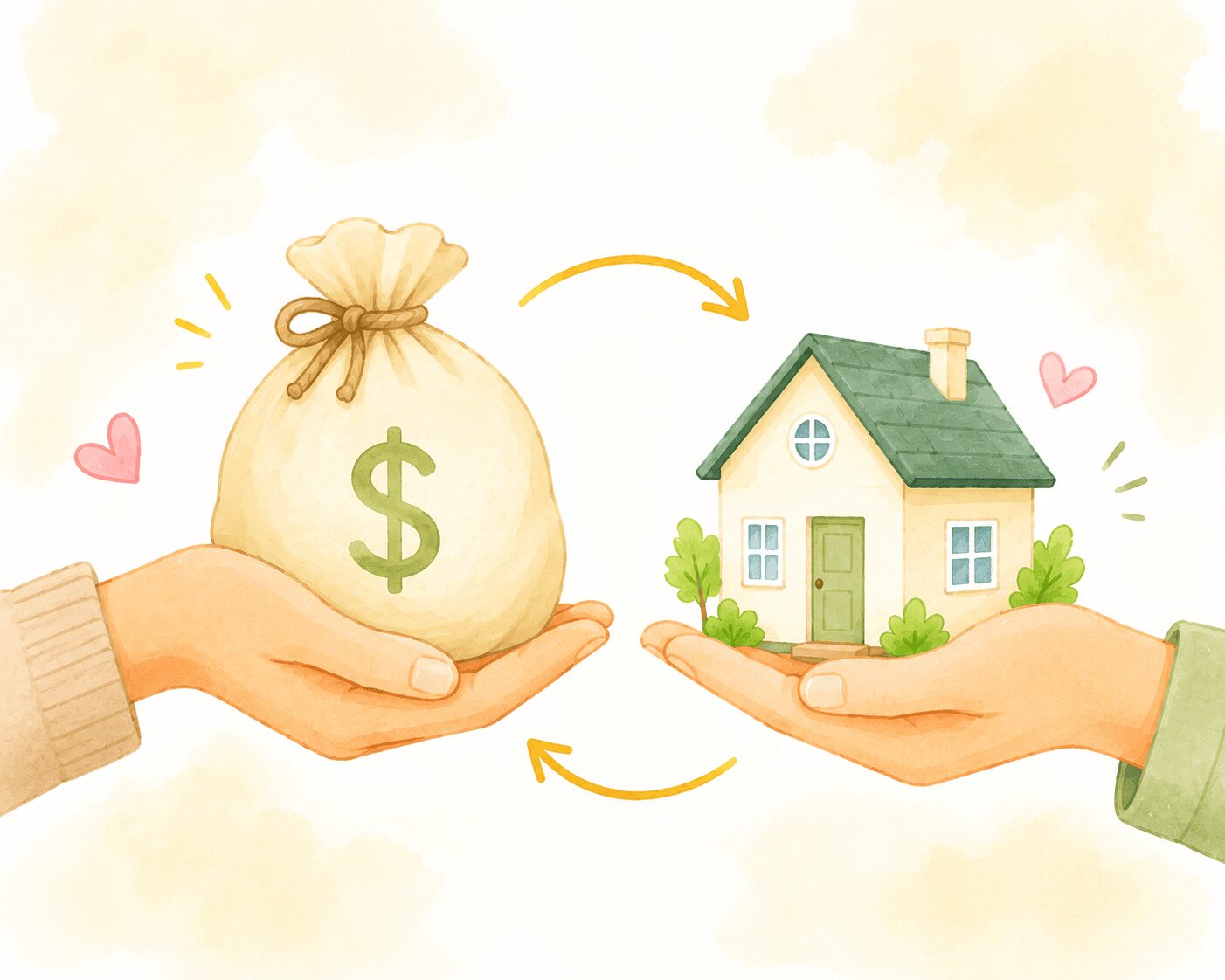 Out of state rental property investing — watercolor illustration of two hands exchanging a money bag and a small house with circular arrows representing real estate investment and passive income — Mrs. Money Sidekick
