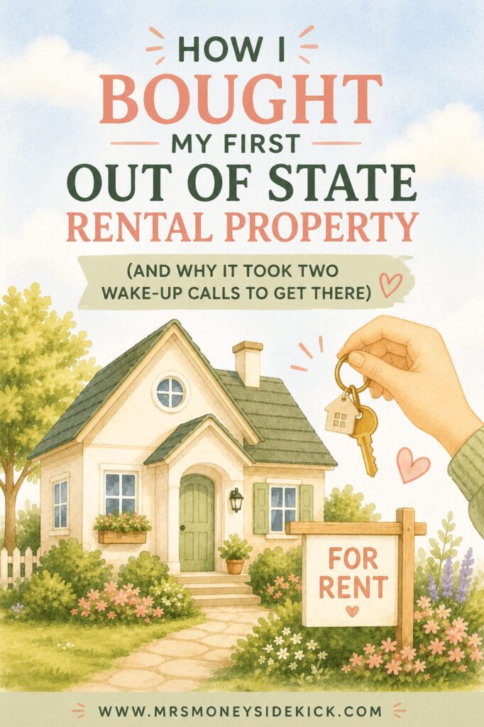 How I bought my first out of state rental property — watercolor illustration of a charming cottage with a for rent sign and a hand holding house keys — Mrs. Money Sidekick