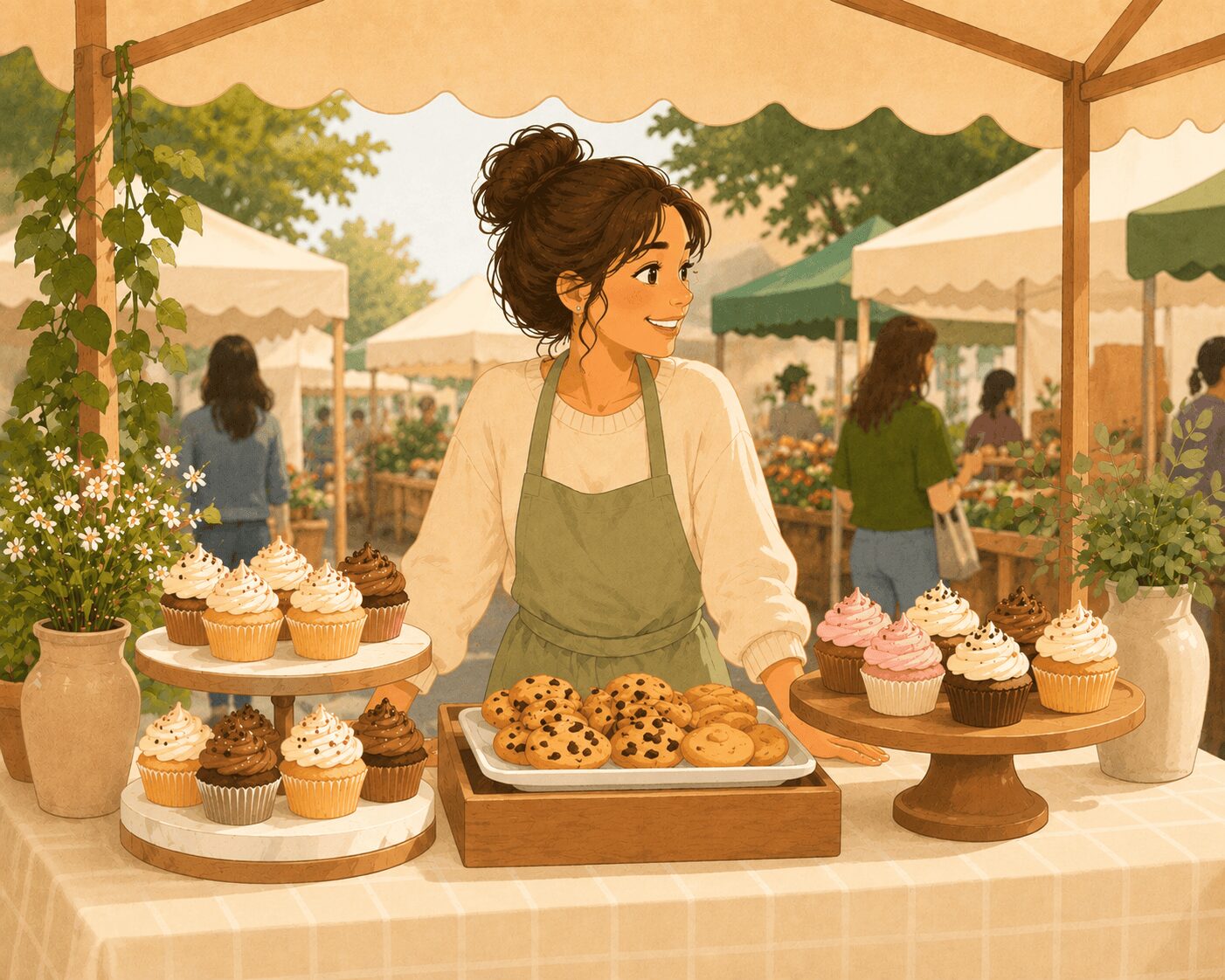 Pricing your baked goods — illustrated woman in apron smiling behind a market stall displaying tiered cupcake stands and a tray of chocolate chip cookies at an outdoor farmers market — Mrs. Money Sidekick