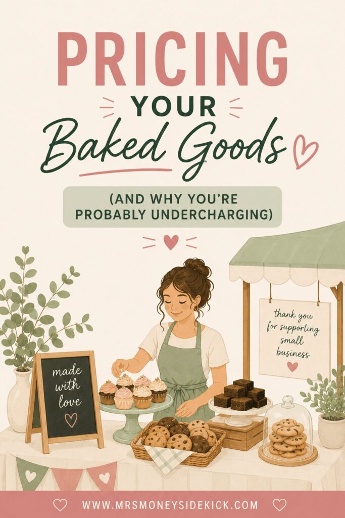 Pricing your baked goods and why you're probably undercharging — illustrated woman in apron arranging cupcakes, cookies, and brownies at a bakery market stall with a made with love chalkboard sign — Mrs. Money Sidekick