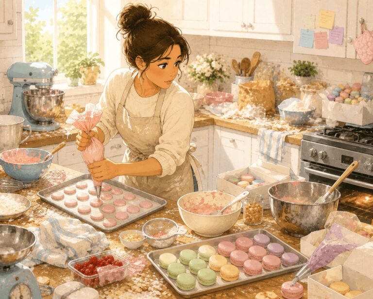 Real cost of last-minute bakery orders — illustrated woman in apron intensely piping macarons in a messy kitchen with baking trays, mixing bowls, colorful finished macarons, and sticky notes on the fridge — Mrs. Money Sidekick
