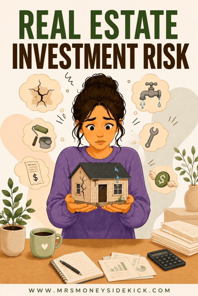 Illustration-style Pinterest pin for an article titled “Real Estate Investor Risk.” A worried woman in a purple sweater holds a cracked and leaking house while surrounded by thought bubbles showing home repair problems like plumbing leaks, wall cracks, maintenance tools, bills, and money flying away. Papers, a calculator, coffee mug, and plants sit on the desk around her. The website “www.mrsmoneysidekick.com” appears at the bottom.