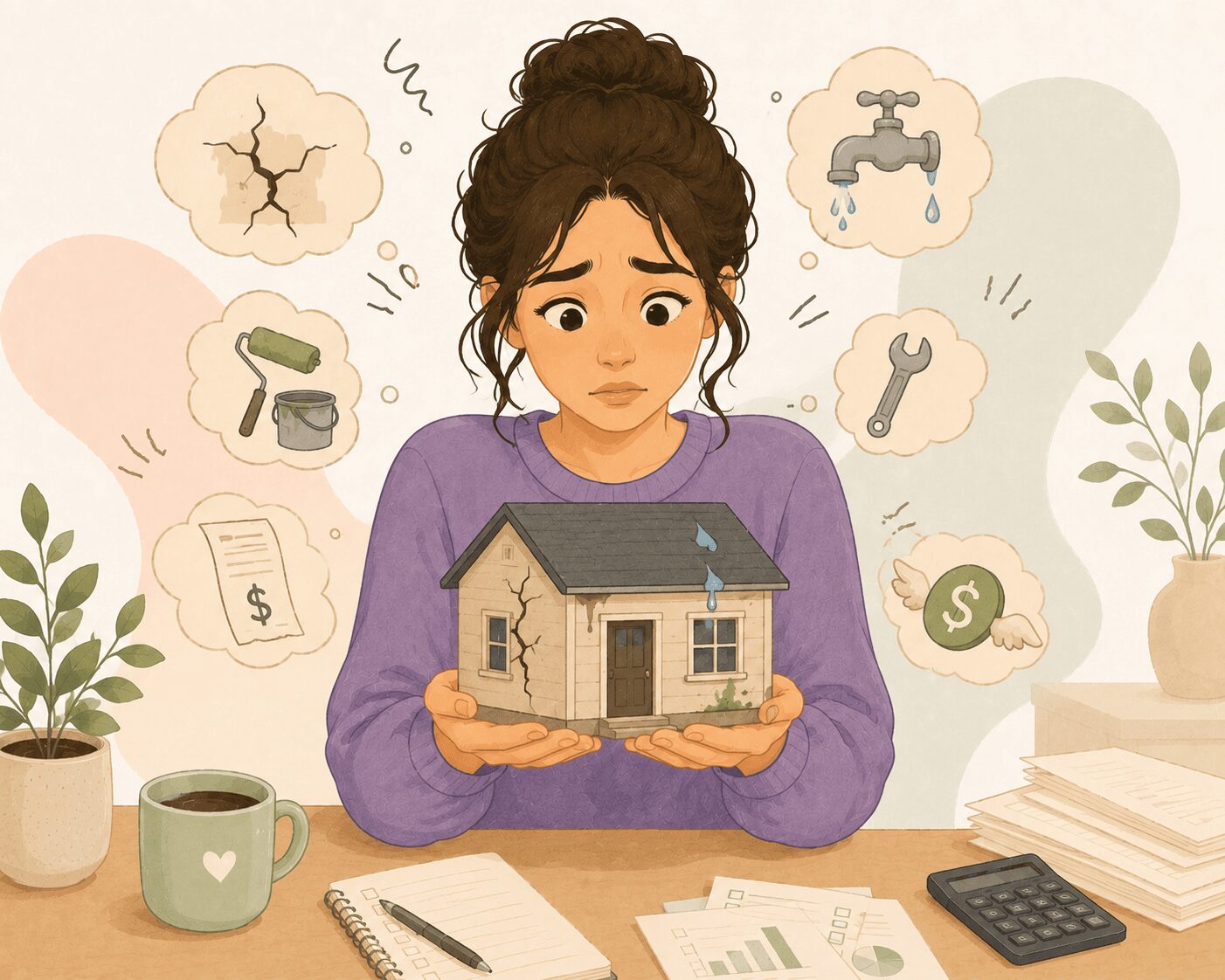 Real Estate Investor Risk - A worried woman in a purple sweater holds a cracked and leaking house while surrounded by thought bubbles showing home repair problems like plumbing leaks, wall cracks, maintenance tools, bills, and money flying away. Papers, a calculator, coffee mug, and plants sit on the desk around her.