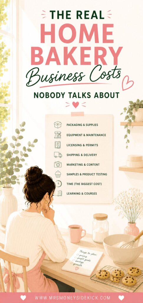 Real home bakery business costs nobody talks about — illustrated woman at a kitchen table reviewing a list of eight hidden expenses including packaging, equipment, licensing, shipping, marketing, samples, time, and learning — Mrs. Money Sidekick