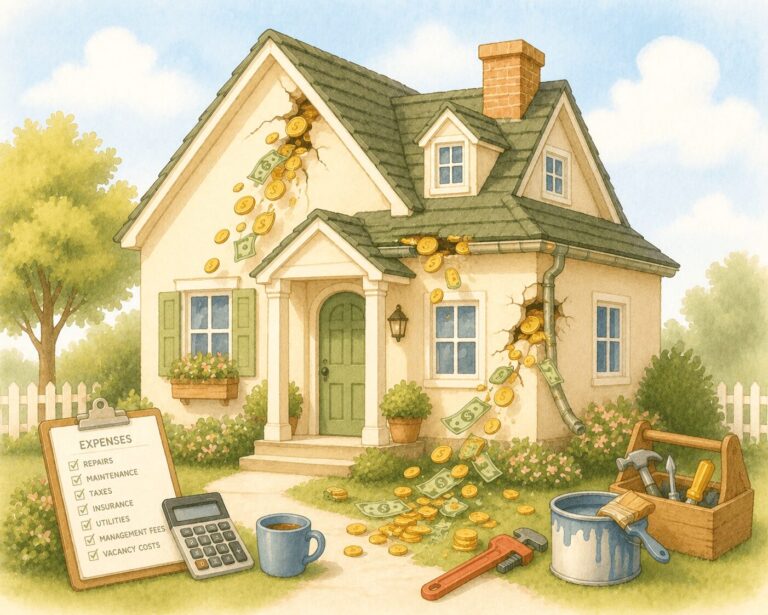 Pastel watercolor illustration of a rental house with money and coins leaking from cracks in the walls, surrounded by maintenance tools, a calculator, and an expense checklist.