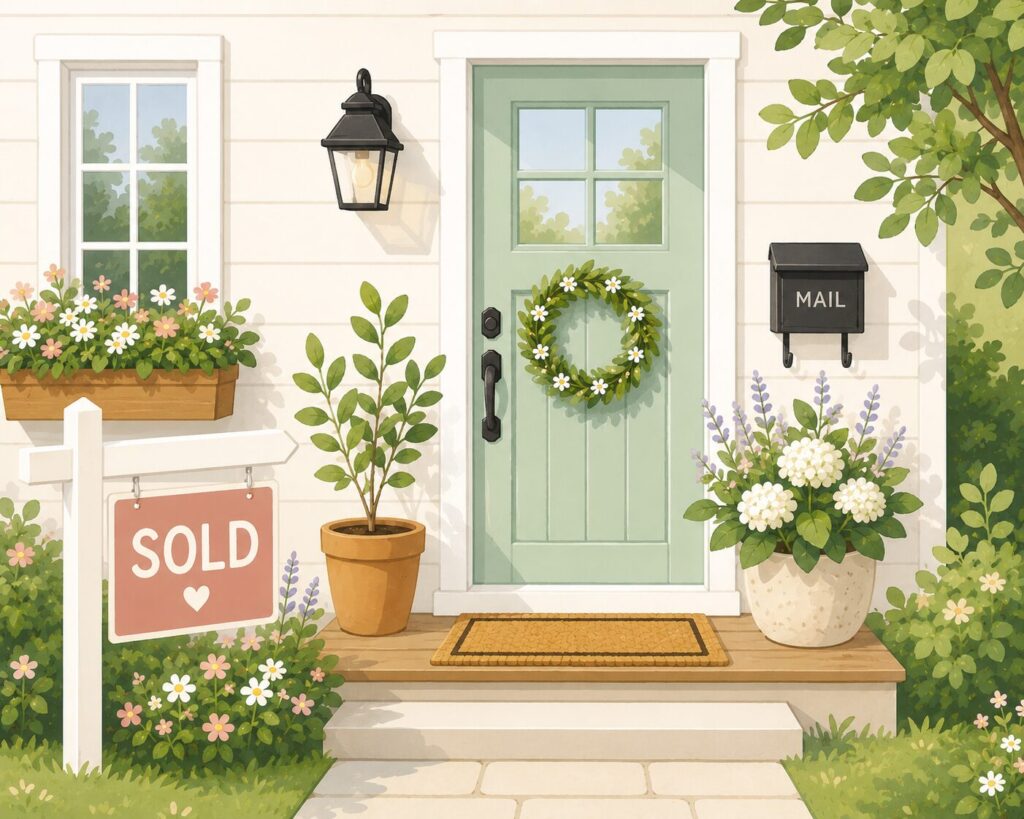 picture of front door and a sold sign