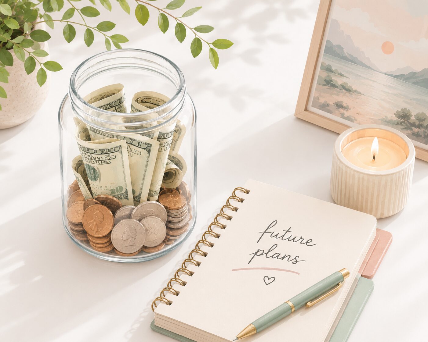 money jar with coins and bills on table with plant, picture frame, candle, and notebook that says future plans and a pen