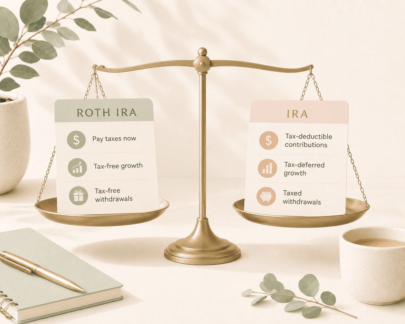 Roth IRA vs Traditional IRA comparison — gold balance scale with Roth IRA card showing pay taxes now, tax-free growth, and tax-free withdrawals balanced against Traditional IRA card showing tax-deductible contributions, tax-deferred growth, and taxed withdrawals — Mrs. Money Sidekick