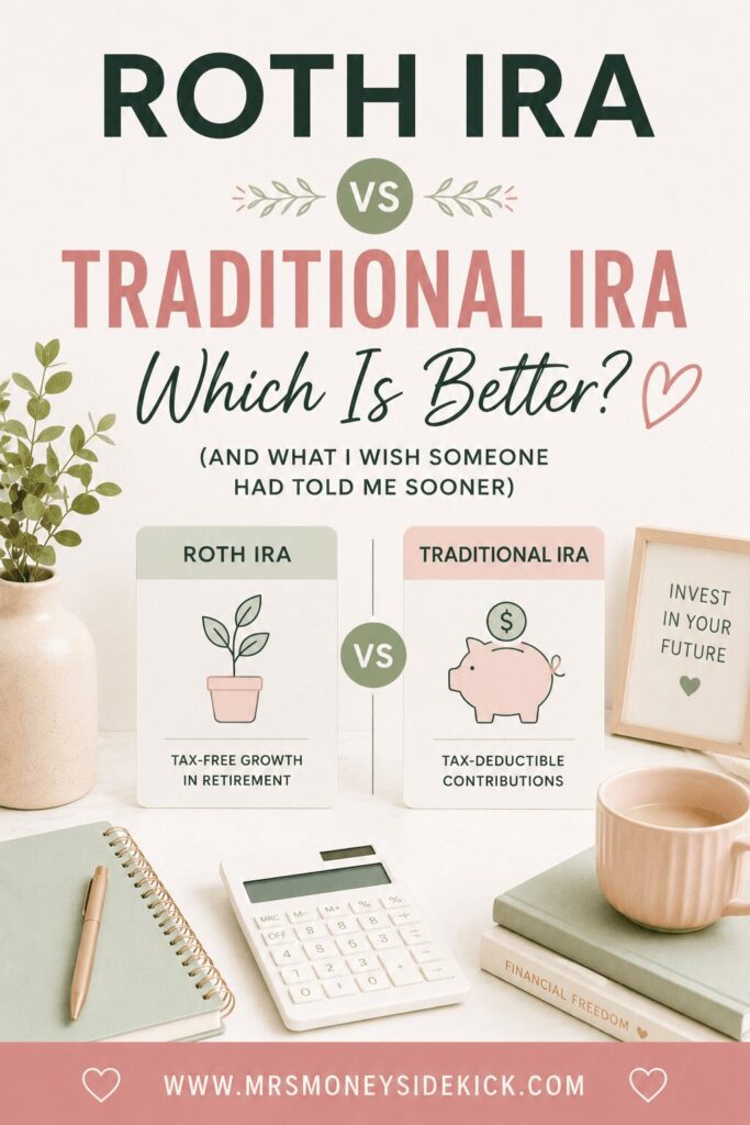Roth IRA vs Traditional IRA which is better — side by side comparison cards showing Roth IRA with tax-free growth in retirement and Traditional IRA with tax-deductible contributions, displayed on a styled desk with calculator — Mrs. Money Sidekick