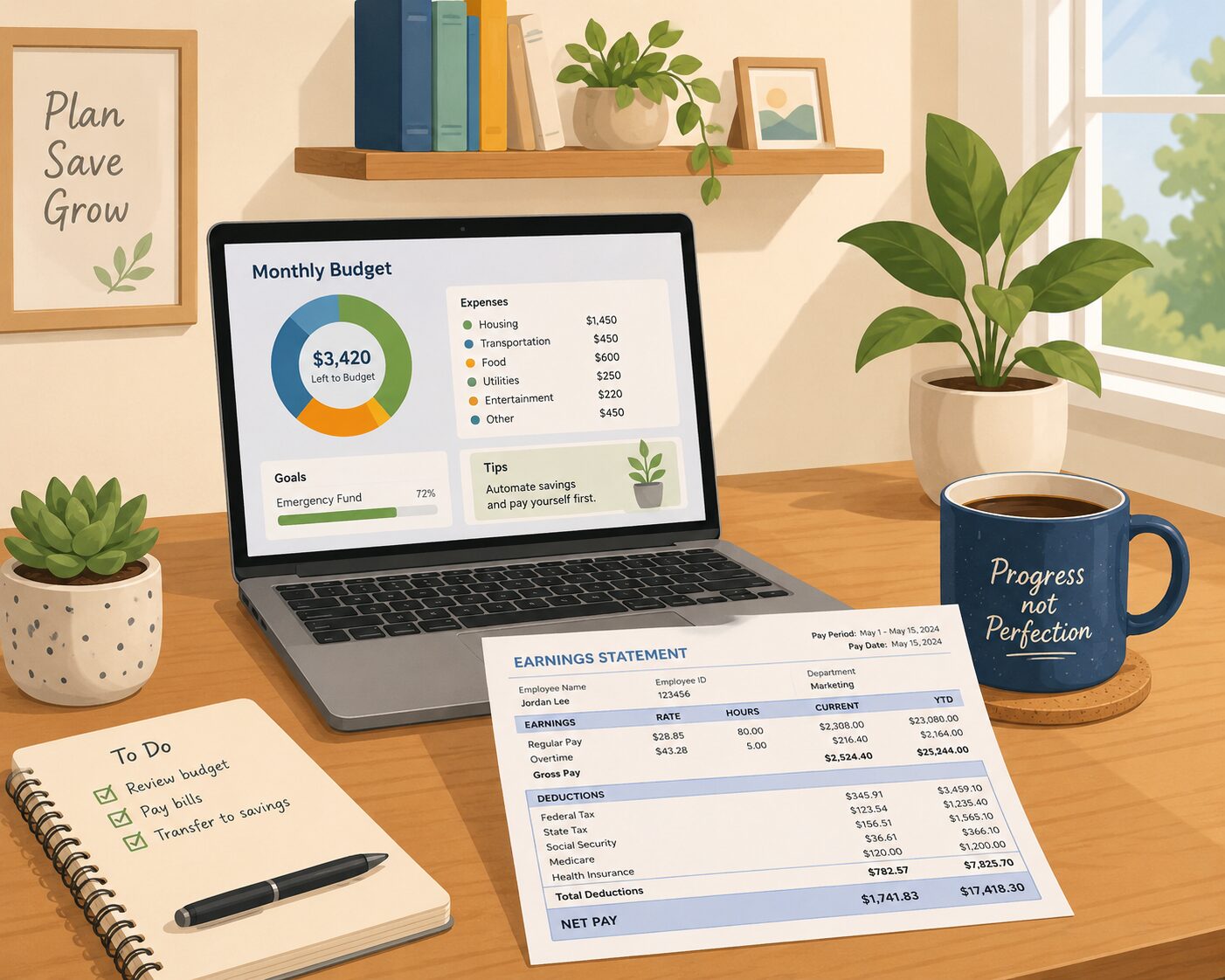 Paystub and coffee mug on desk with picture of laptop showing monthly household budget