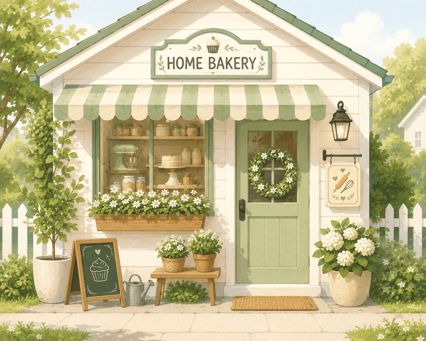 Home bakery small business — watercolor illustration of a charming white cottage bakery with a green striped awning, chalkboard sign, flower boxes, and baked goods displayed in the window — Mrs. Money Sidekick