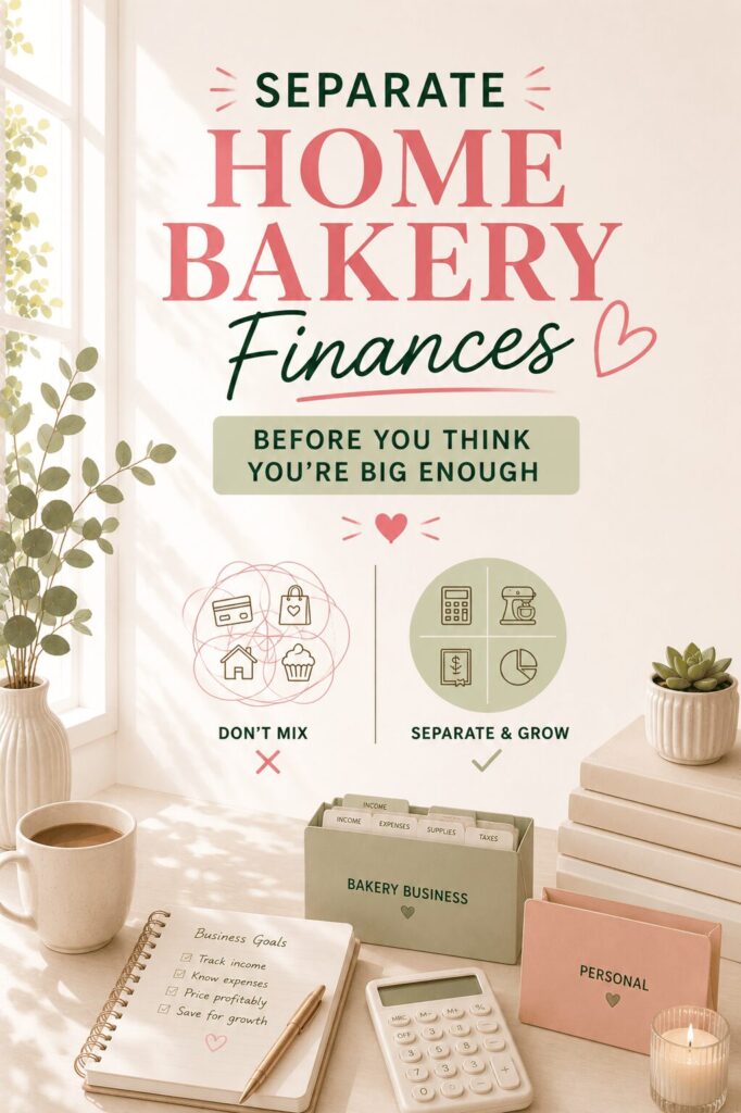 Separate home bakery finances before you think you're big enough — don't mix versus separate and grow comparison graphic with a labeled bakery business file box, personal folder, business goals checklist, and calculator on a styled desk — Mrs. Money Sidekick