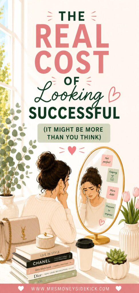 The real cost of looking successful — illustrated woman looking in a mirror with sticky notes reading not perfect, keeping up, more debt, and pressure to impress, surrounded by designer items and fashion books — Mrs. Money Sidekick
