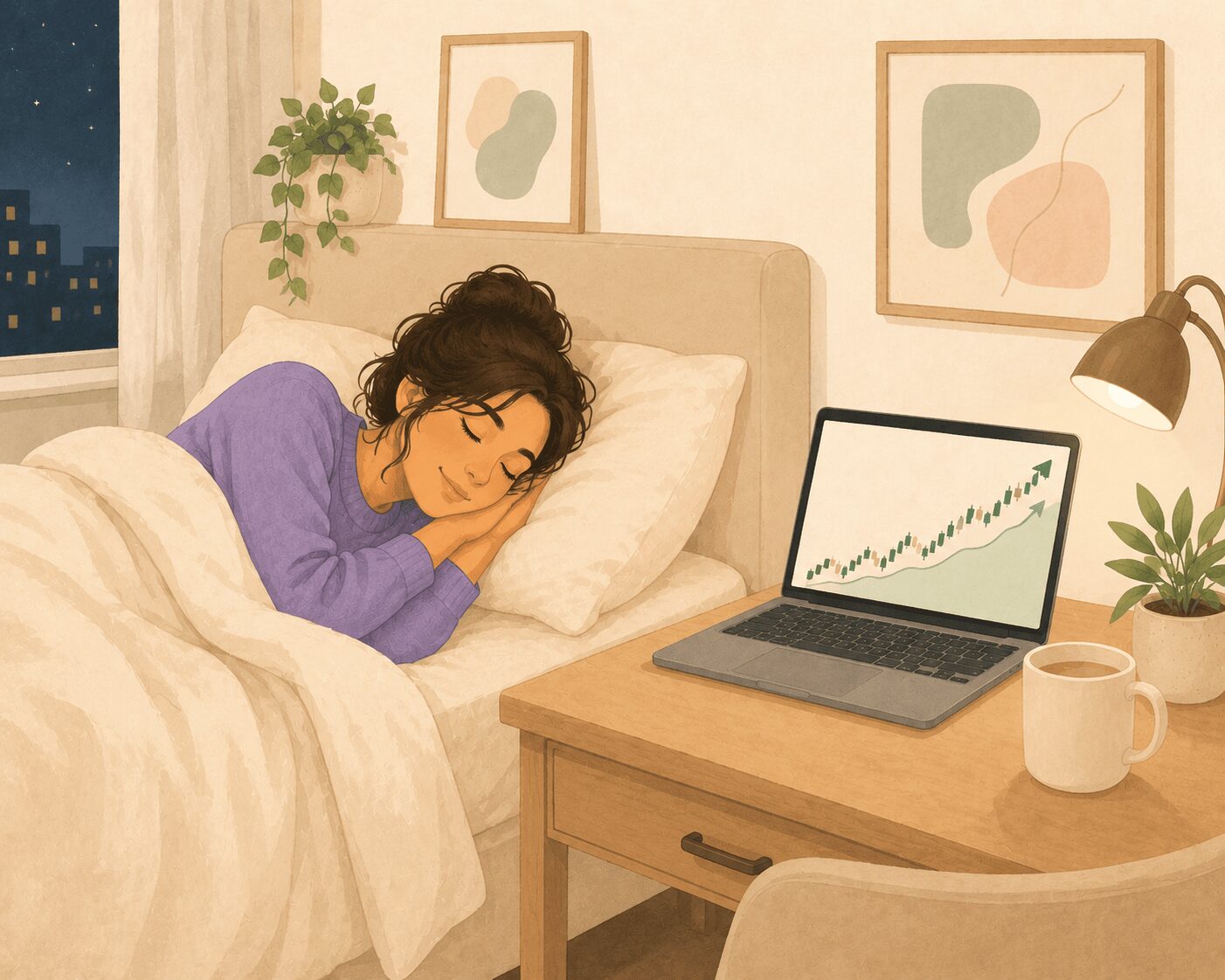 Why Boring Investing Is Actually the Flex - A woman in a purple sweater peacefully sleeps in a cream-colored bed while a laptop on a bedside desk displays a steadily rising stock market chart. The cozy bedroom features warm lighting, abstract wall art, soft neutral tones, plants, and a calming nighttime atmosphere.