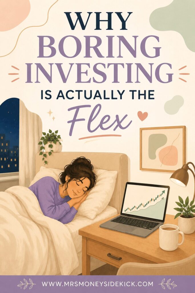 Pinterest-style illustration for a blog post titled “Why Boring Investing Is Actually the Flex.” A woman in a purple sweater peacefully sleeps in a cream-colored bed while a laptop on a bedside desk displays a steadily rising stock market chart. The cozy bedroom features warm lighting, abstract wall art, soft neutral tones, plants, and a calming nighttime atmosphere. The website “www.mrsmoneysidekick.com” appears at the bottom.