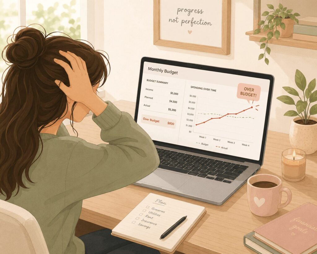 lady holding her head looking at her laptop with her budget being over and in the red