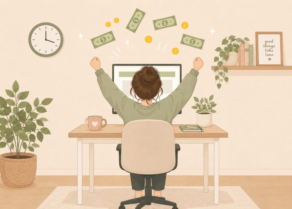 girl working and throwing money in air
