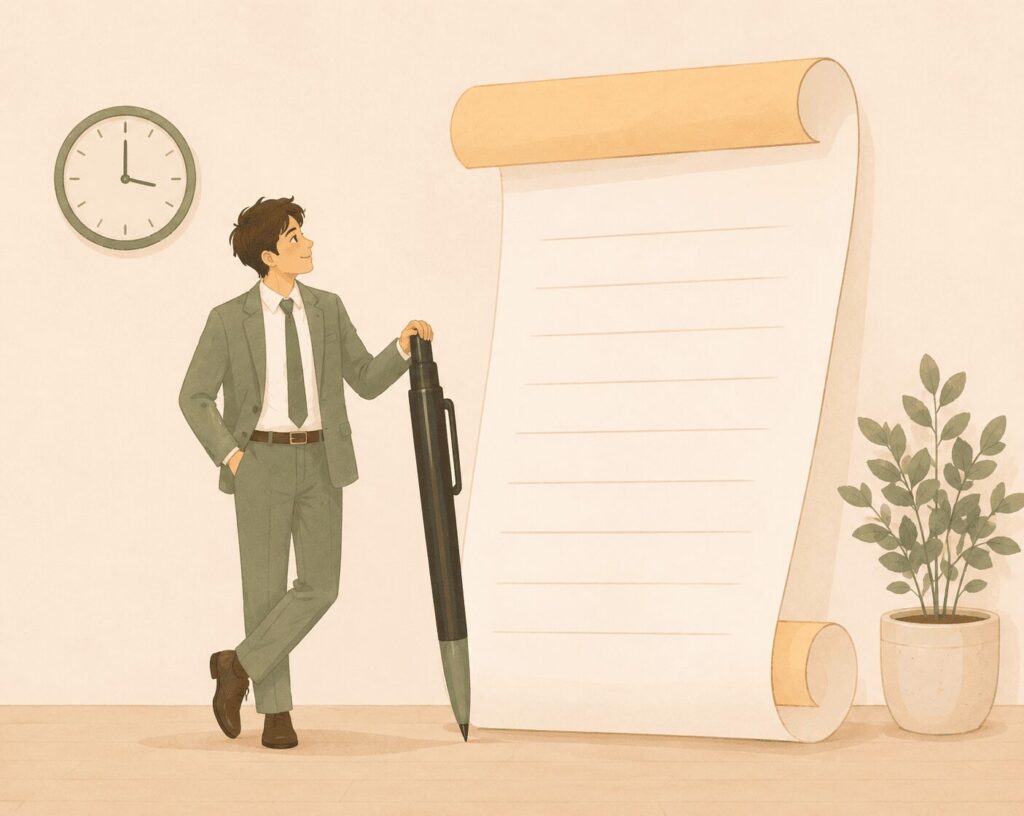 guy with giant pen and paper