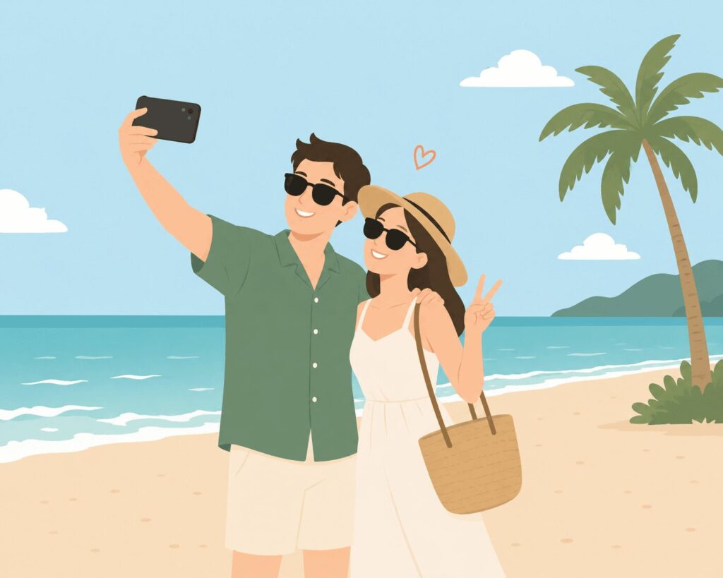 couple at the beach taking a selfy