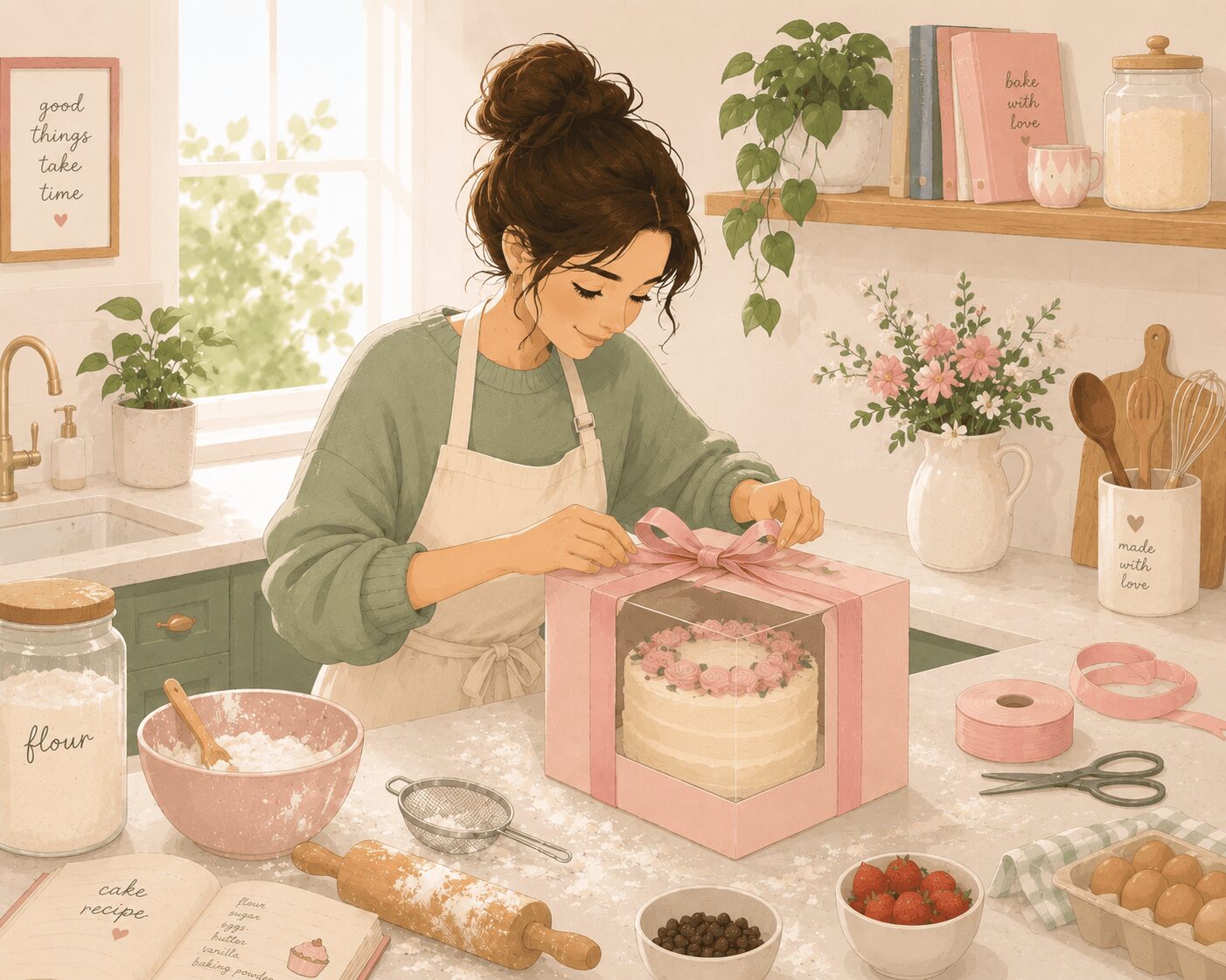Home bakery business — illustrated woman in apron tying a pink ribbon on a boxed decorated cake in a cozy kitchen with flour, strawberries, rolling pin, and a bake with love sign on the shelf — Mrs. Money Sidekick